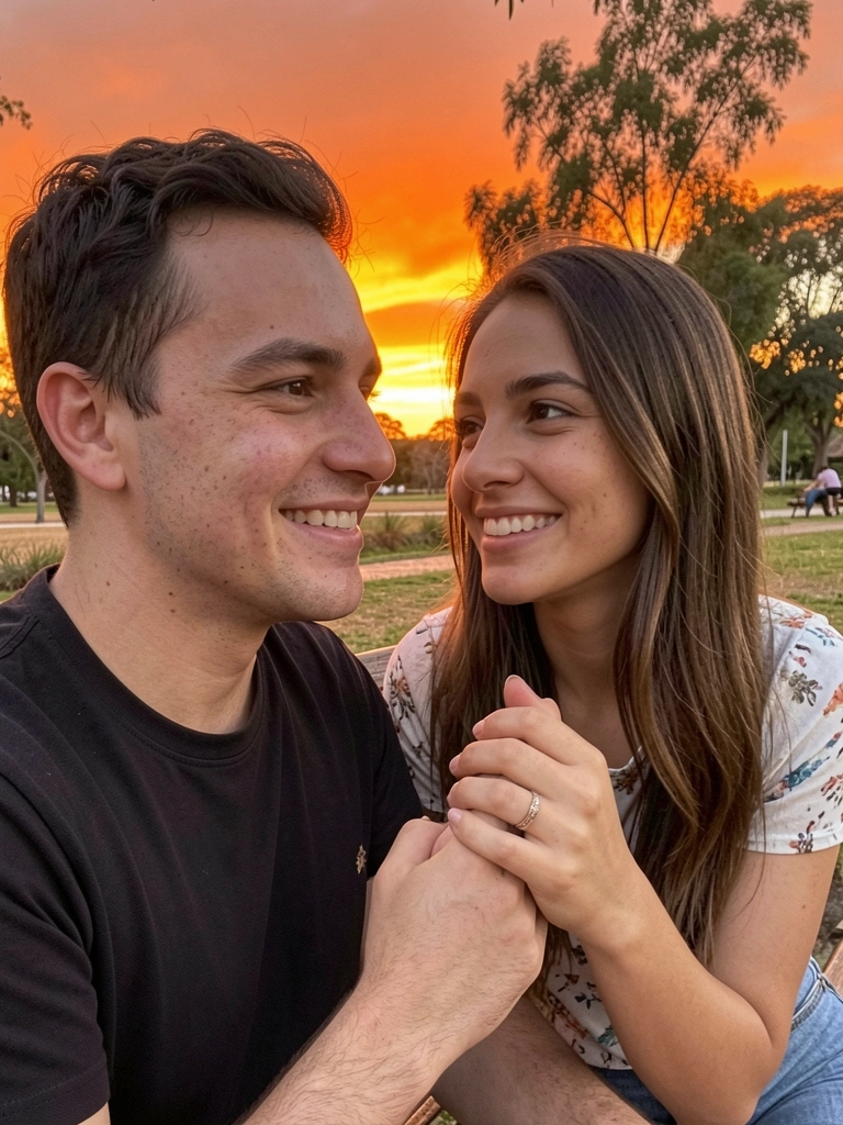 Casal sentado em um banco de parque, mãos dadas, olhando para o horizonte.