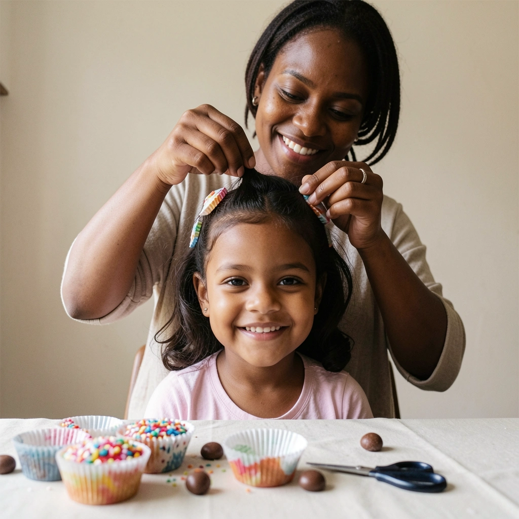 Mãe sorrindo faz penteado em menina, com materiais sobre a mesa em close-up.