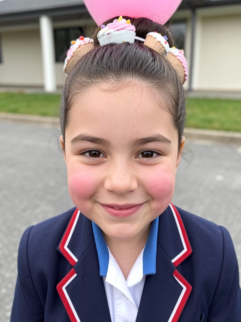 Menina com cabelo preso em coque alto, balão rosa sobre a cabeça e enfeites de cupcake ao redor.