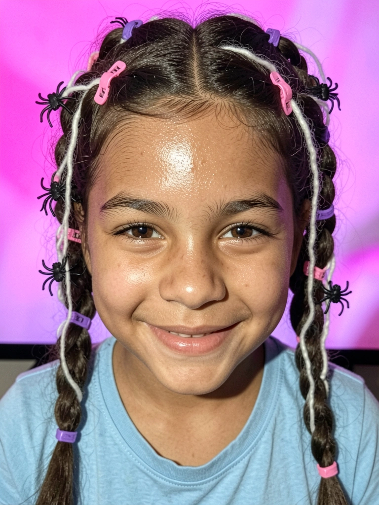 Menina com cabelo solto decorado com aranhas de EVA penduradas em fios de lã branca, tema de Halloween.