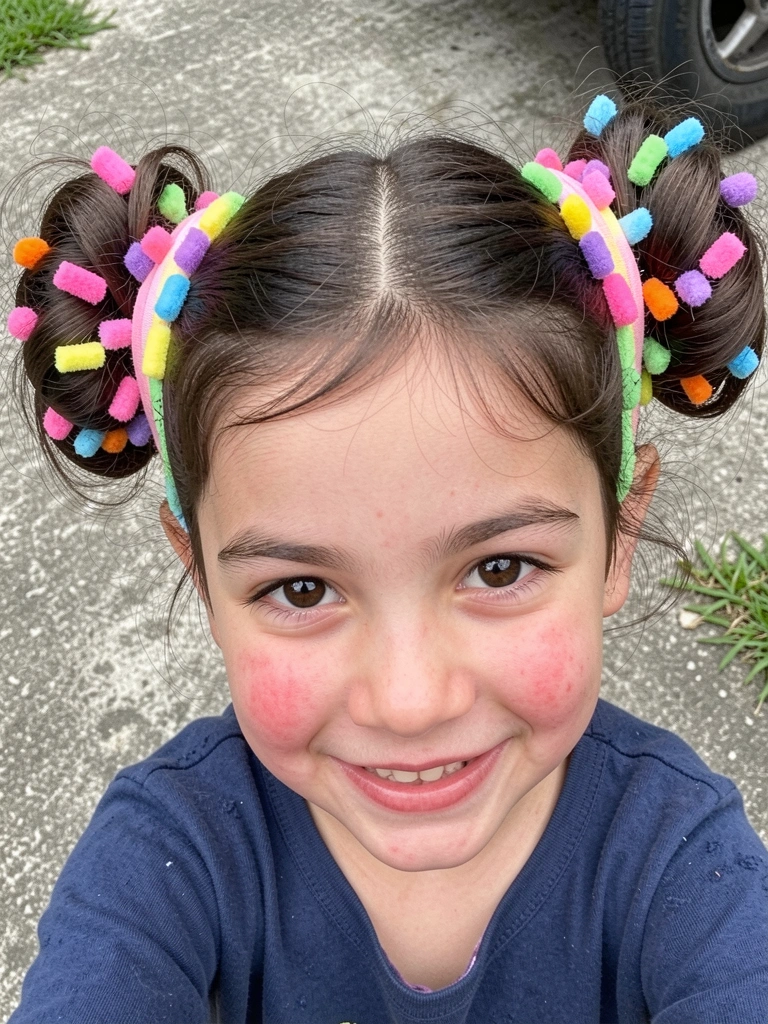 Menina com balões coloridos presos no cabelo por elásticos, fundo de festa com decoração.