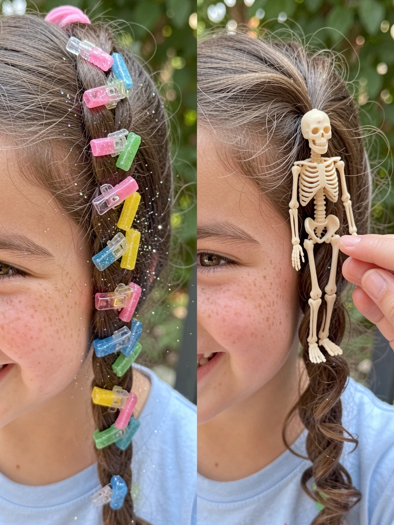 Mão aplica gel com glitter em cabelo de menina, partículas brilhando ao redor.