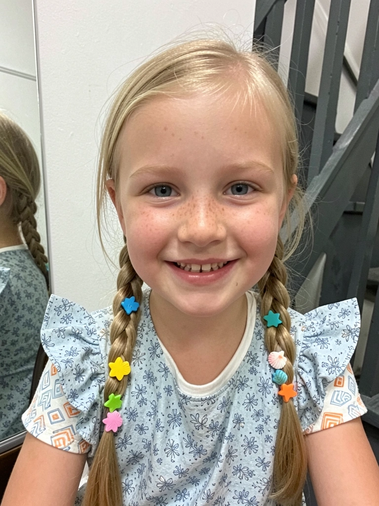 Menina com trança lateral decorada com conchas e estrelas de EVA coloridas presas no cabelo.