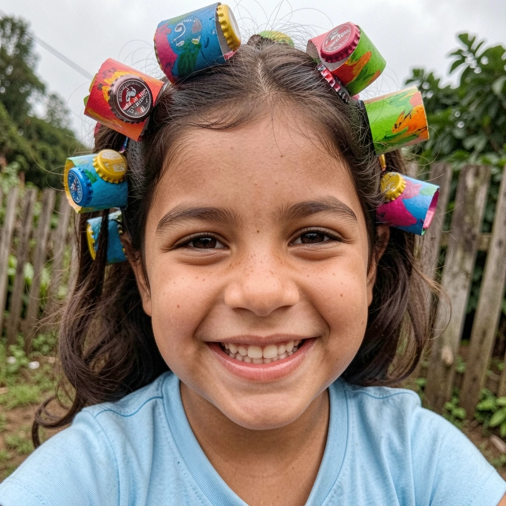 Menina sorrindo com cabelo decorado por rolinhos de papel pintados e tampinhas de garrafa.