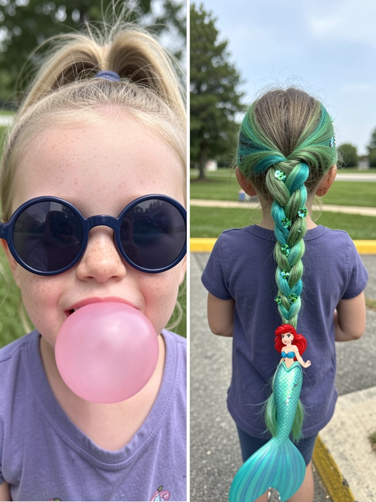 Cabelo infantil com mini carrinhos e bichinhos de plástico presos com grampos coloridos.