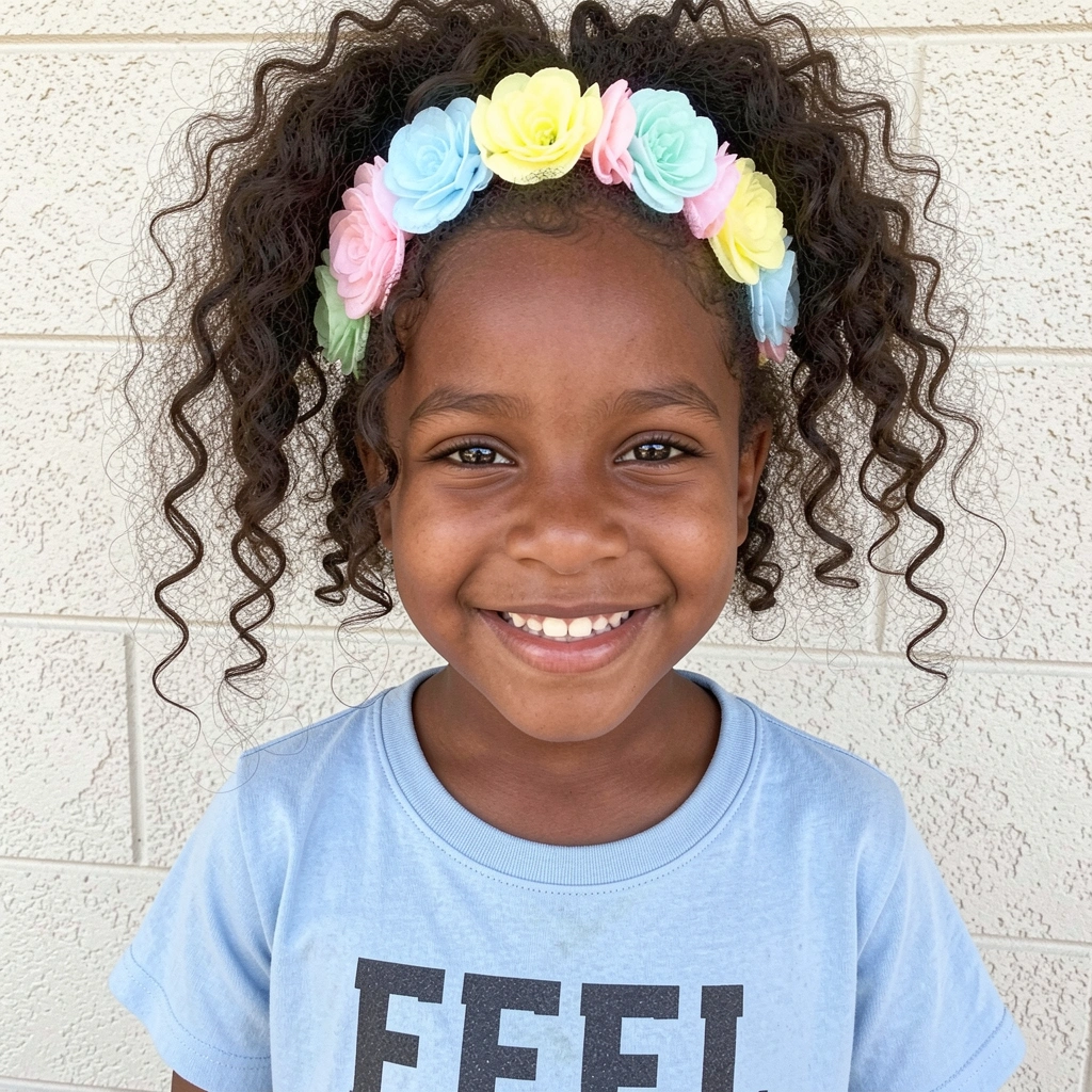 Menina com cabelo cacheado usando tiara de flores de tecido coloridas.