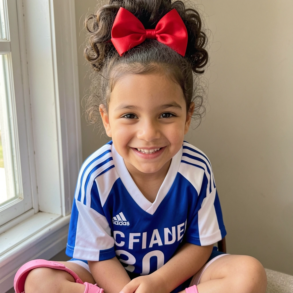 Menina com cabelo crespo e laço vermelho grande no topo da cabeça.