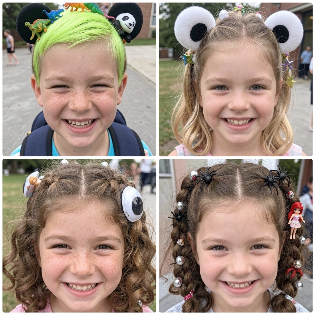 Menina com cabelo cacheado decorado com pequenas bolinhas de Natal e estrelas presas nos fios.