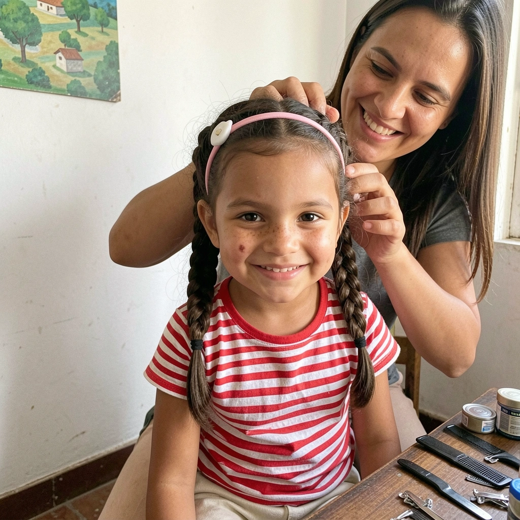 Mãe sorrindo faz penteado em menina, com materiais sobre a mesa, close-up.