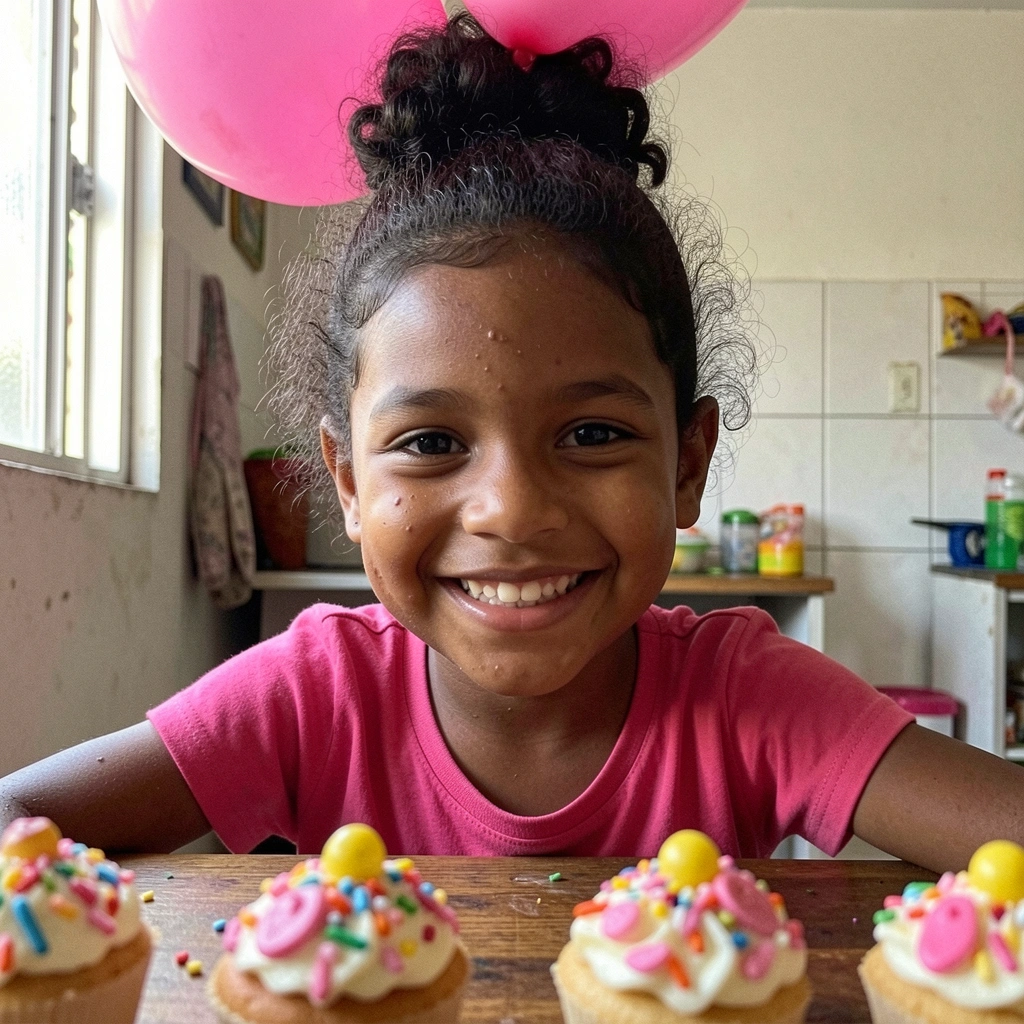 Menina com cabelo preso em coque alto, balão rosa sobre a cabeça e enfeites de cupcake ao redor.