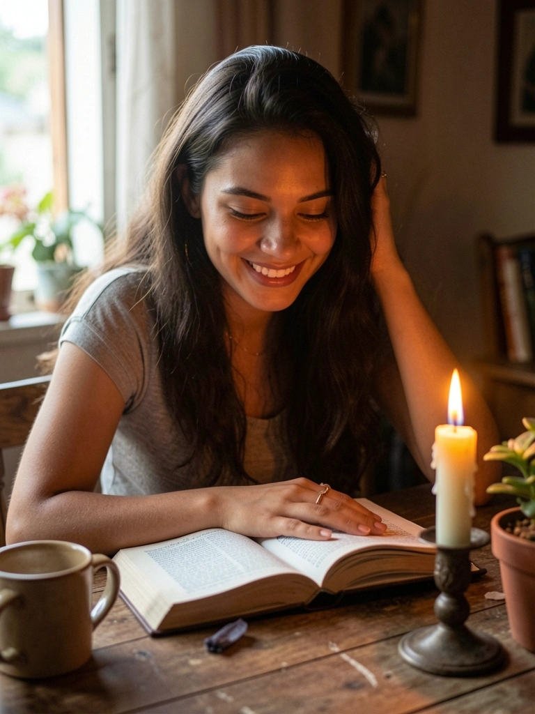 Livro espírita aberto sobre uma mesa de madeira com uma vela acesa ao lado, criando um ambiente de reflexão.