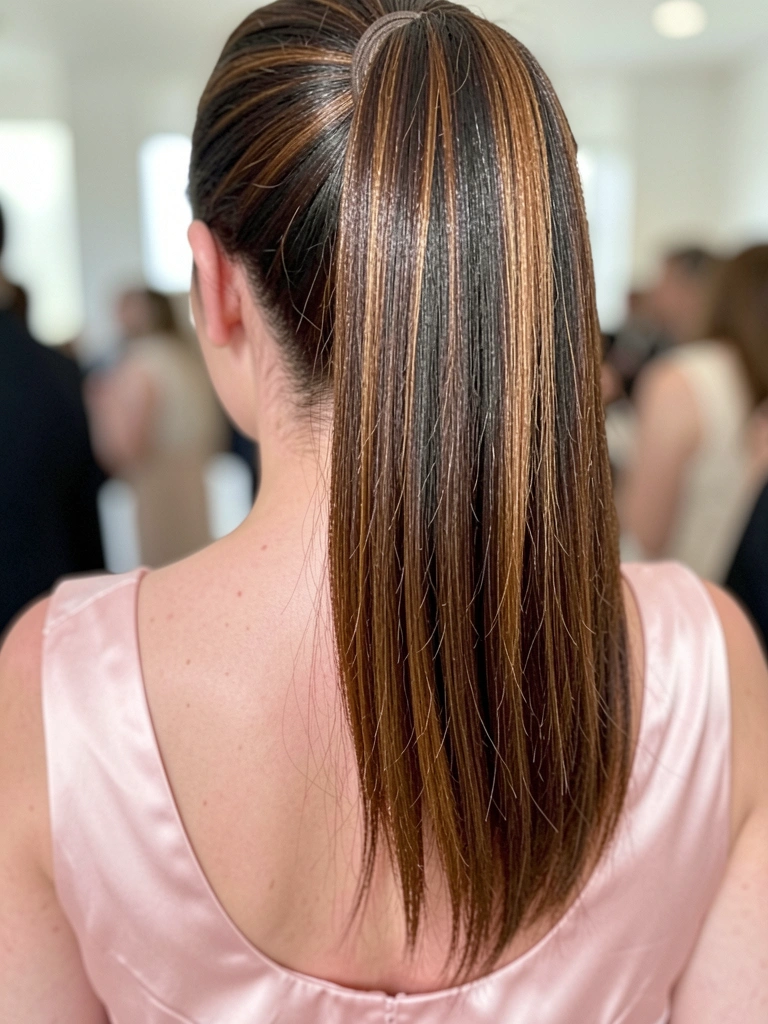 Mulher com rabo de cavalo alto, mecha de cabelo enrolada na base escondendo o elástico, fios lisos e alinhados.
