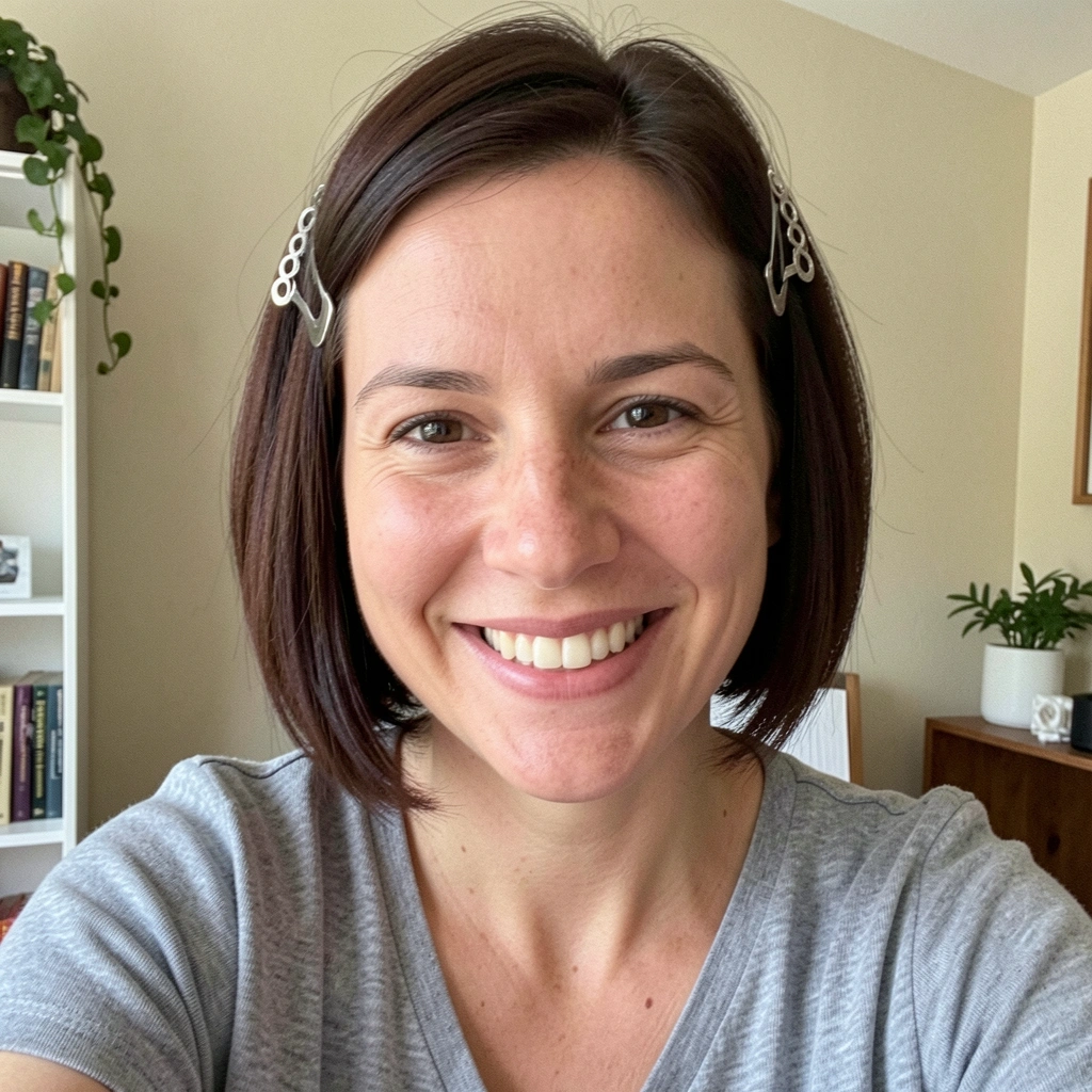 Mulher com cabelo curto e presilhas decorativas laterais, sorrindo.
