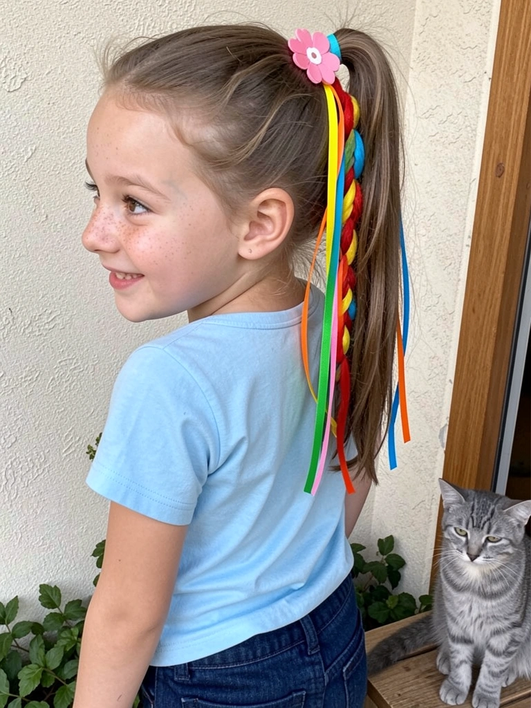 Criança de costas com maria-chiquinha presa por elásticos coloridos e fitas vermelhas e amarelas.
