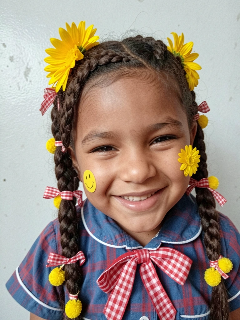 Menina sorrindo com duas tranças bolha laterais e laço de fita xadrez.