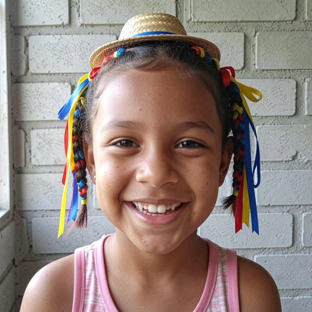Menina de cabelo curto com gominhos coloridos e minichapéu de palha na cabeça.