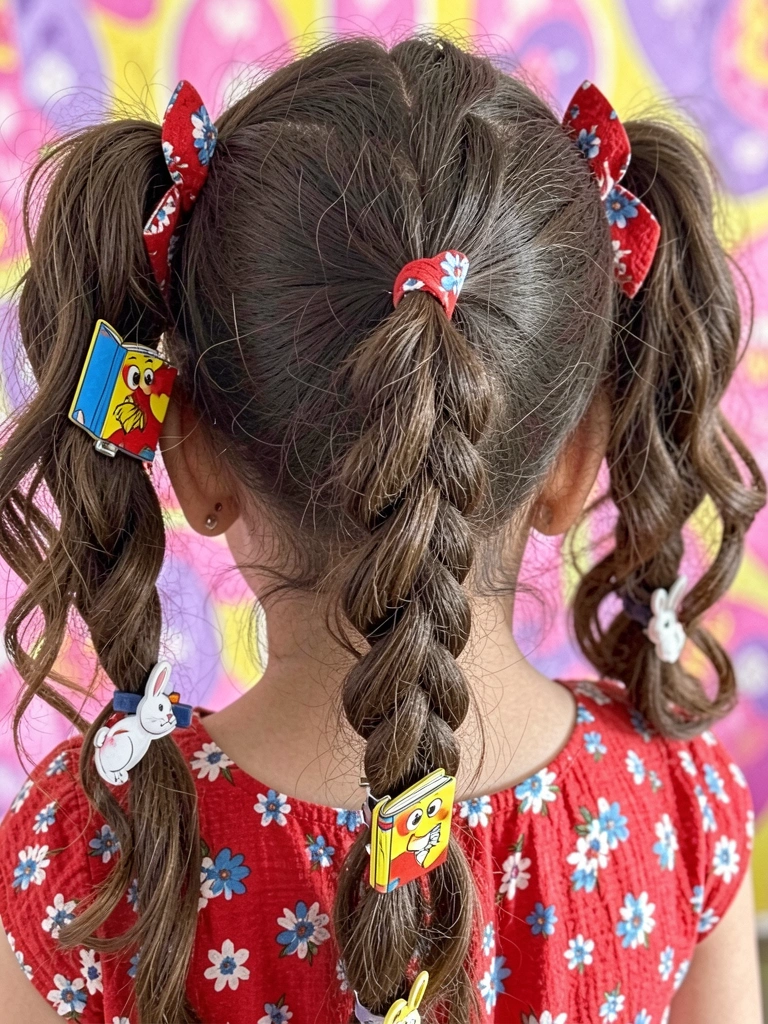 Menina de costas com cabelo preso em maria-chiquinha e laço de chita vermelho no centro.