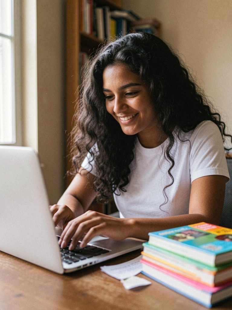 Jovem digitando em notebook com livros empilhados ao lado.