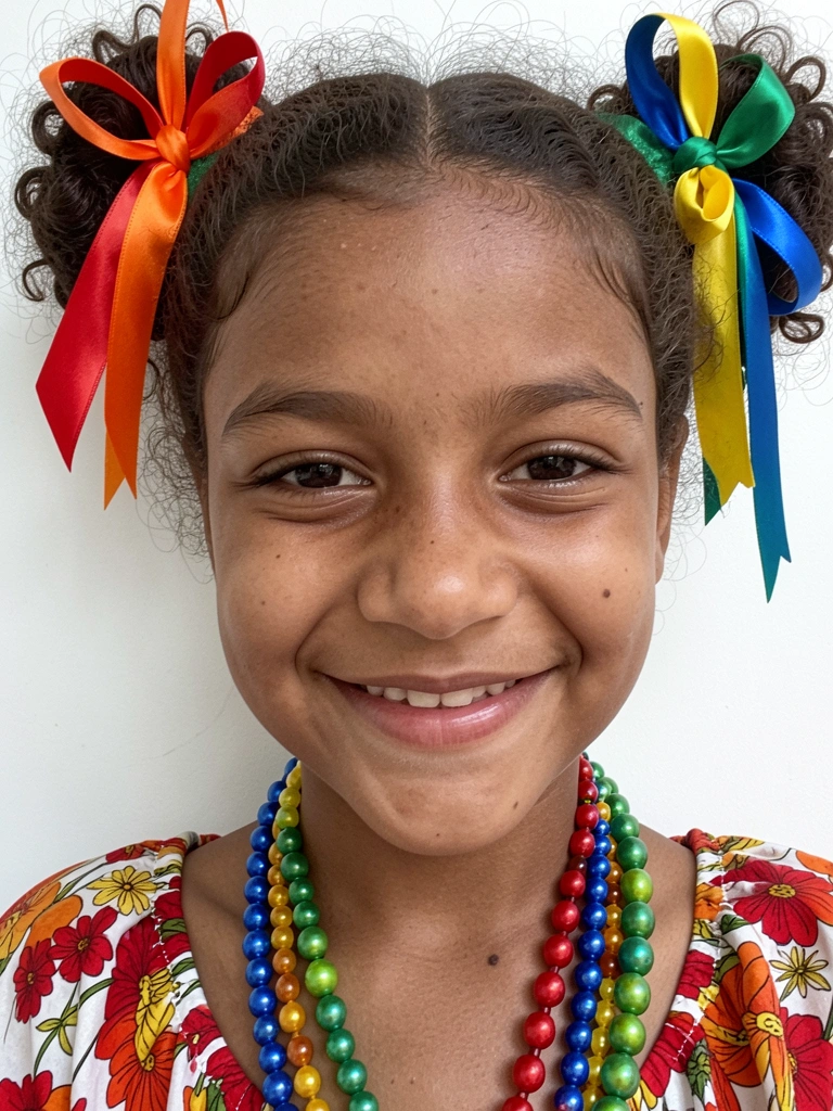 Criança com cabelo cacheado em coques duplos com fitas coloridas, sorrindo.