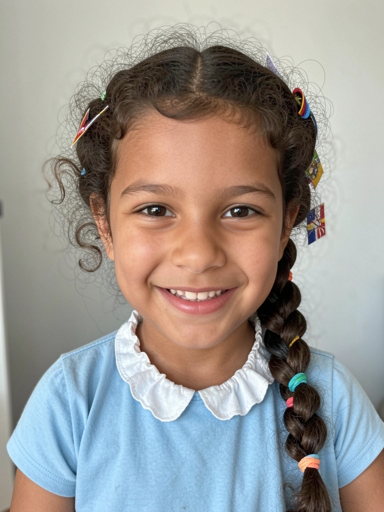 Menina com cabelo crespo em trança bolha única com elásticos coloridos e bandeirinhas decorativas.