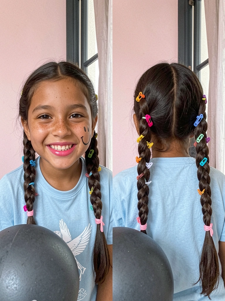 Menino com topete modelado com gel e bandeirinha de papel presa no cabelo.