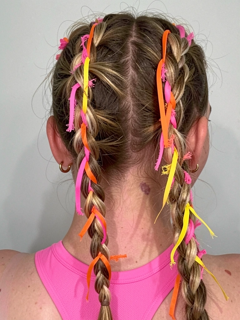 Menino com cabelo solto usando tiara de fitas coloridas na cabeça.