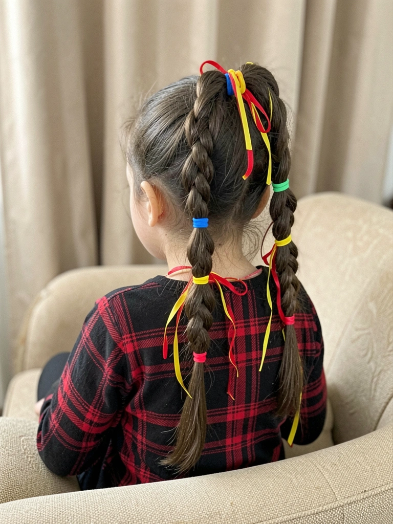 Criança de costas com maria-chiquinha presa por elásticos coloridos e fitas vermelhas e amarelas.