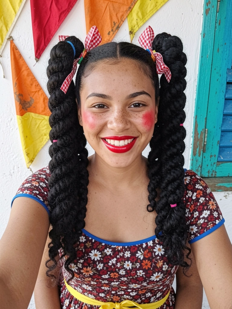 Menina sorrindo com duas tranças bolha laterais, elásticos coloridos e laço de fita xadrez.
