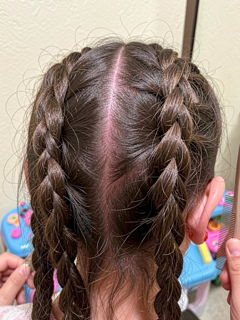 Jovem com cabelo longo e risca central, segurando pente fino diante do espelho.