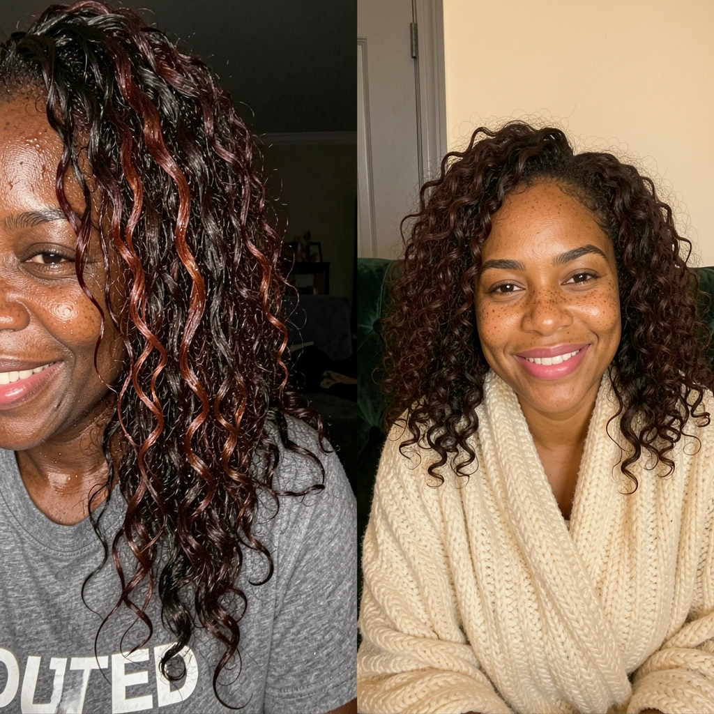 Mulher com cabelo castanho ondulado em camadas, sorrindo, fundo neutro claro.