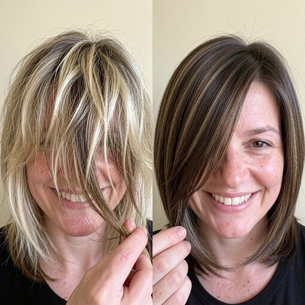 Close-up de cabelo liso fino com camadas suaves, mão segurando uma mecha.