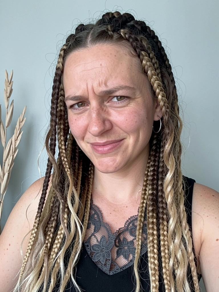 Cabelo com trança boxeadora desfeita, fios soltos e expressão de frustração em um ambiente caseiro.