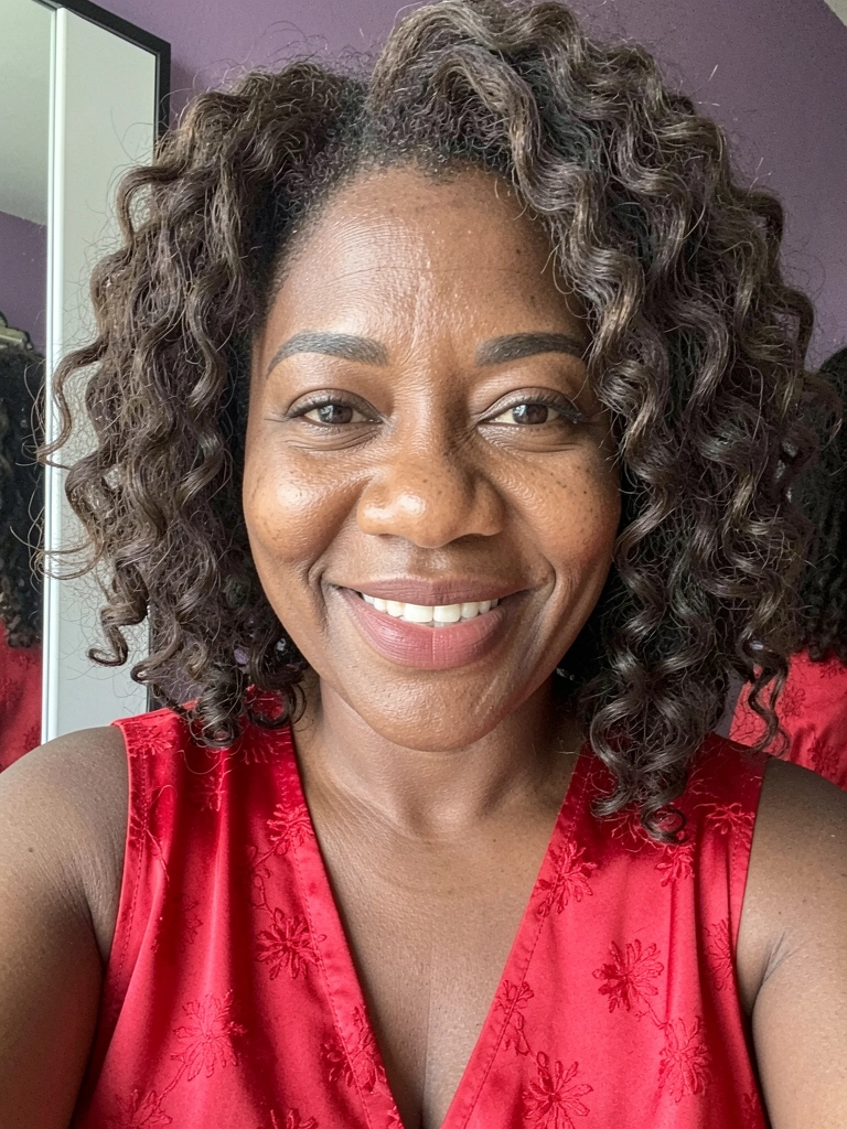 Mulher negra com cabelo cacheado em camadas sorrindo em frente a um espelho.