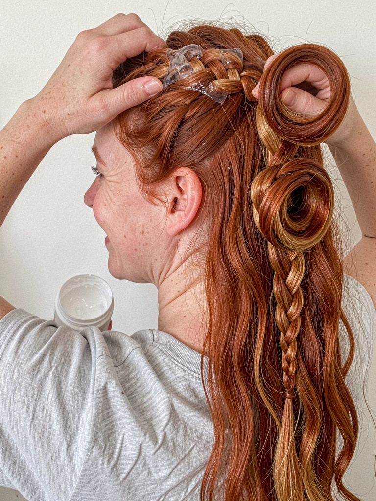 Mão aplicando gel transparente na raiz do cabelo, close-up, com pote de gel aberto ao lado.