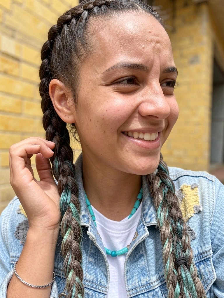 Mulher com cabelo na altura do ombro fazendo trança embutida, elástico na ponta.
