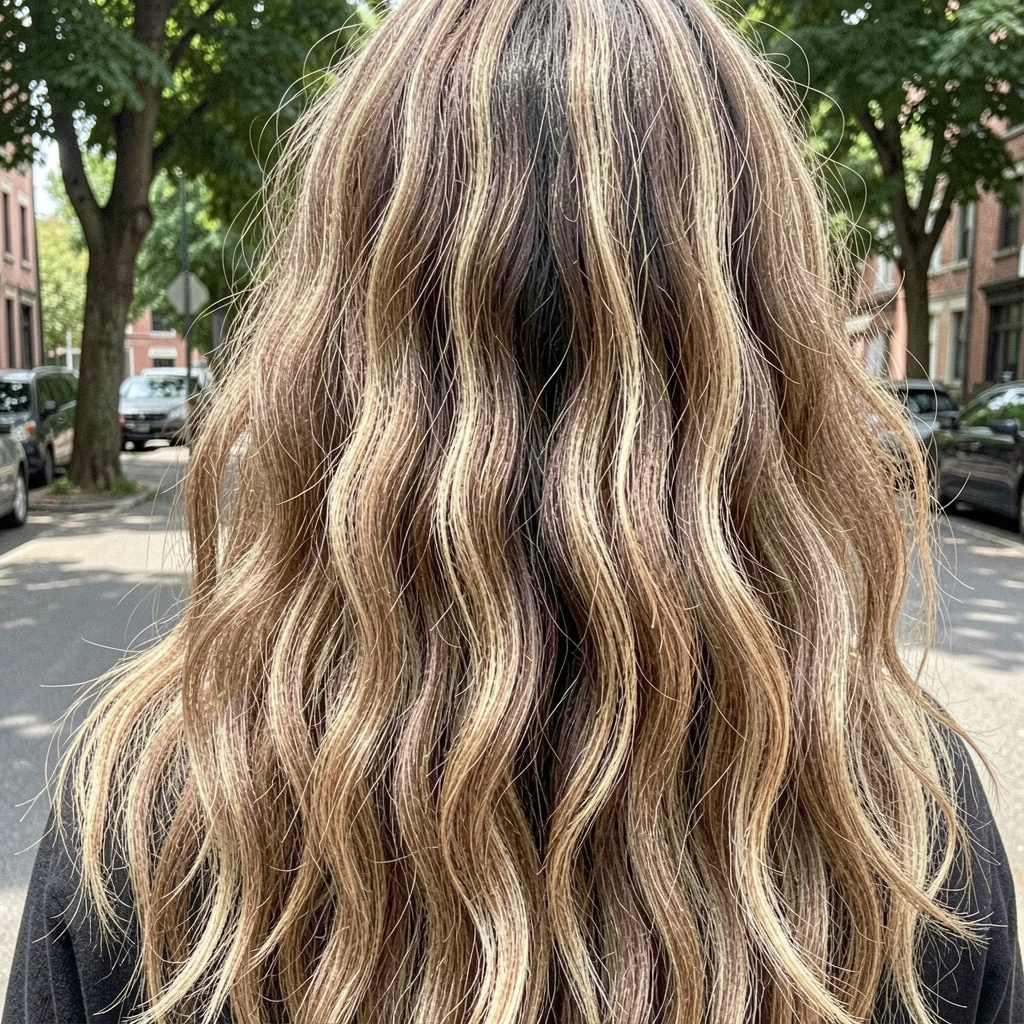 Mulher de costas com cabelo ondulado longo em camadas ao ar livre.