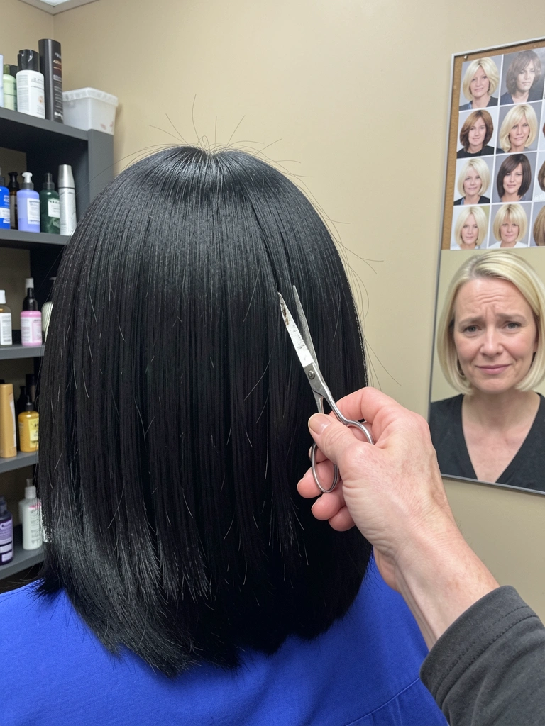 Mulher com cabelo preto liso na altura da clavícula, blusa azul, fundo neutro.