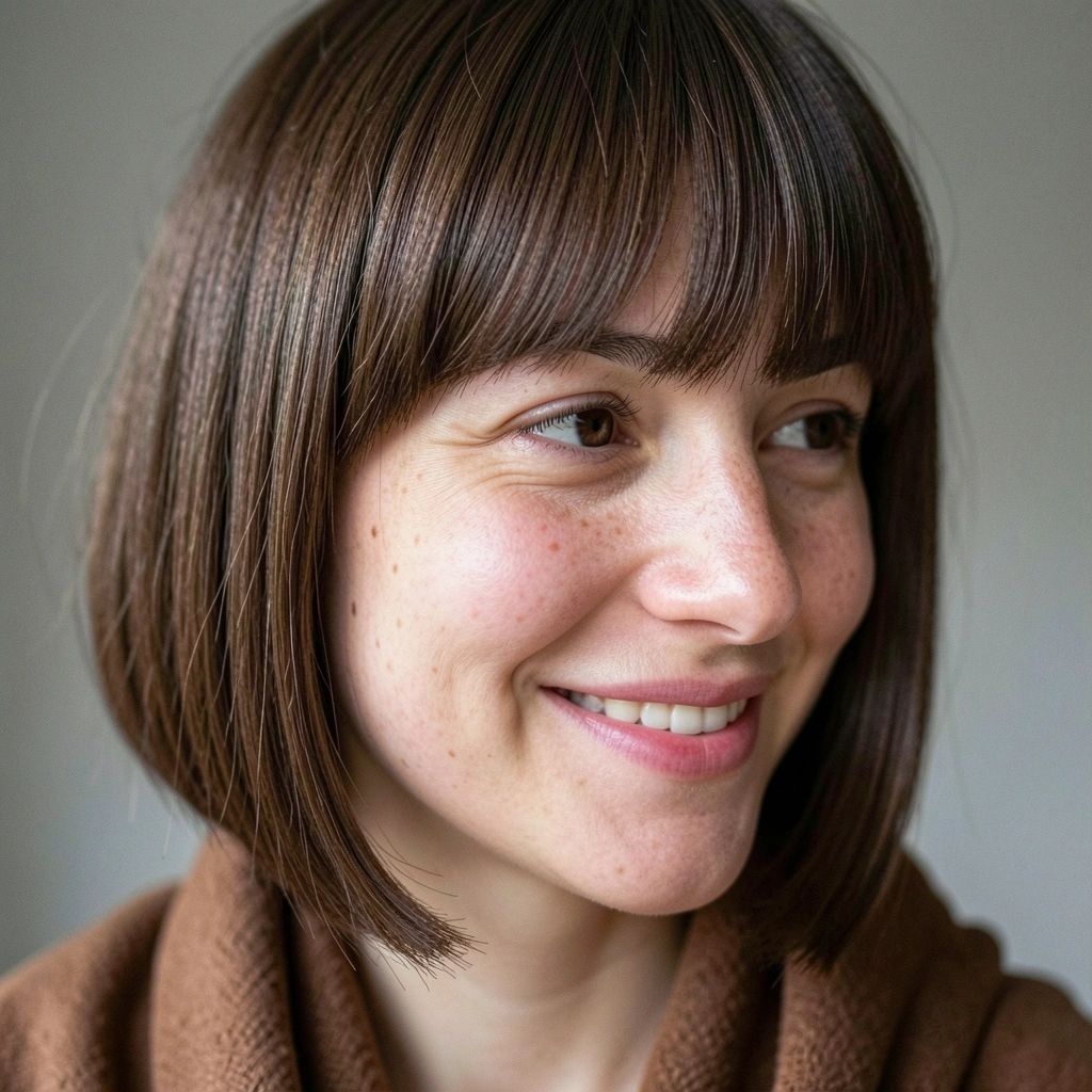 Mulher com short bob e franja cortininha, olhar desviado para o lado.