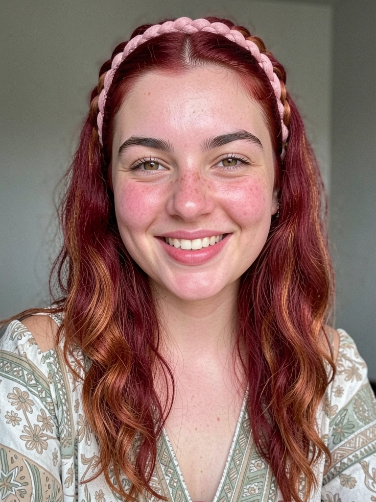 Modelo com cabelo ondulado solto e trança embutida que termina antes da ponta, sorrindo.