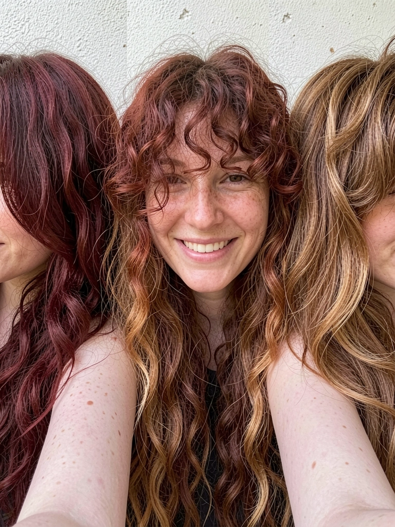 Mulher com cabelo cacheado e franja cacheada sorrindo em fundo colorido.