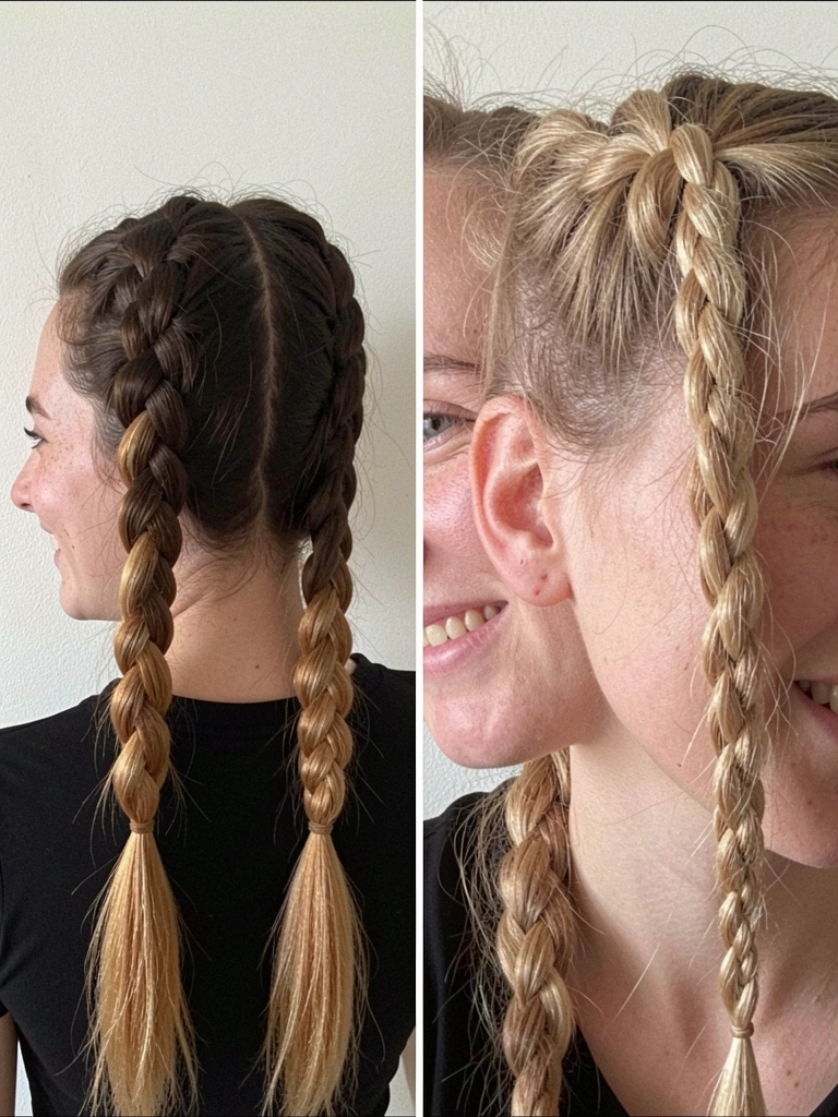 Duas mulheres lado a lado exibindo penteados diferentes: trança dupla simétrica e trança lateral única.