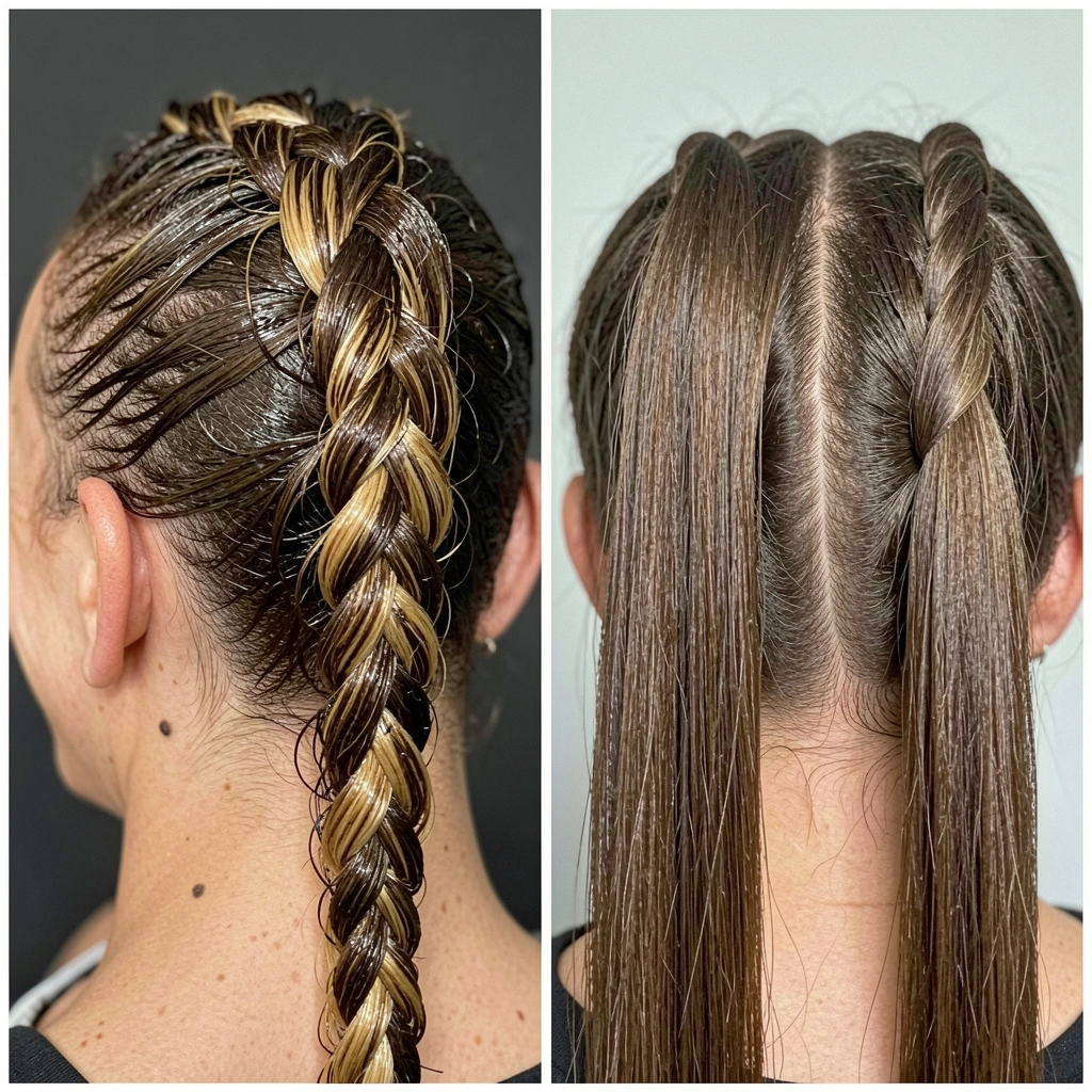 Close-up de trança boxeadora finalizada, fios alinhados sem frizz e gel brilhante.
