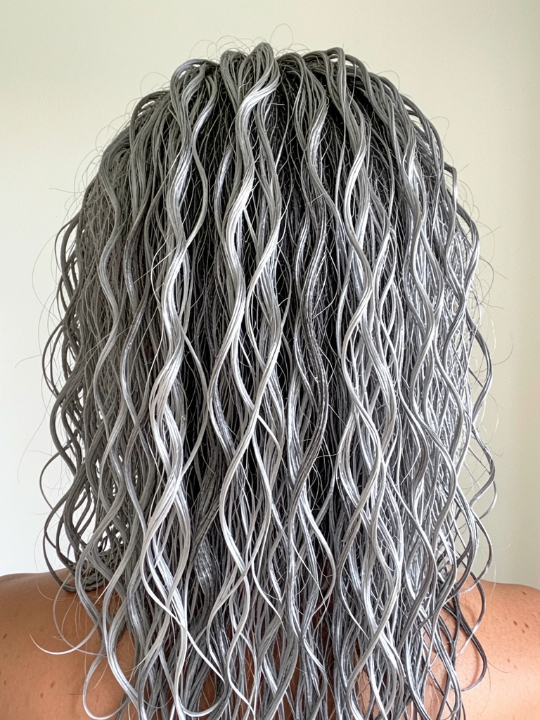 Mulher com cabelo grisalho prateado em camadas sob luz natural.