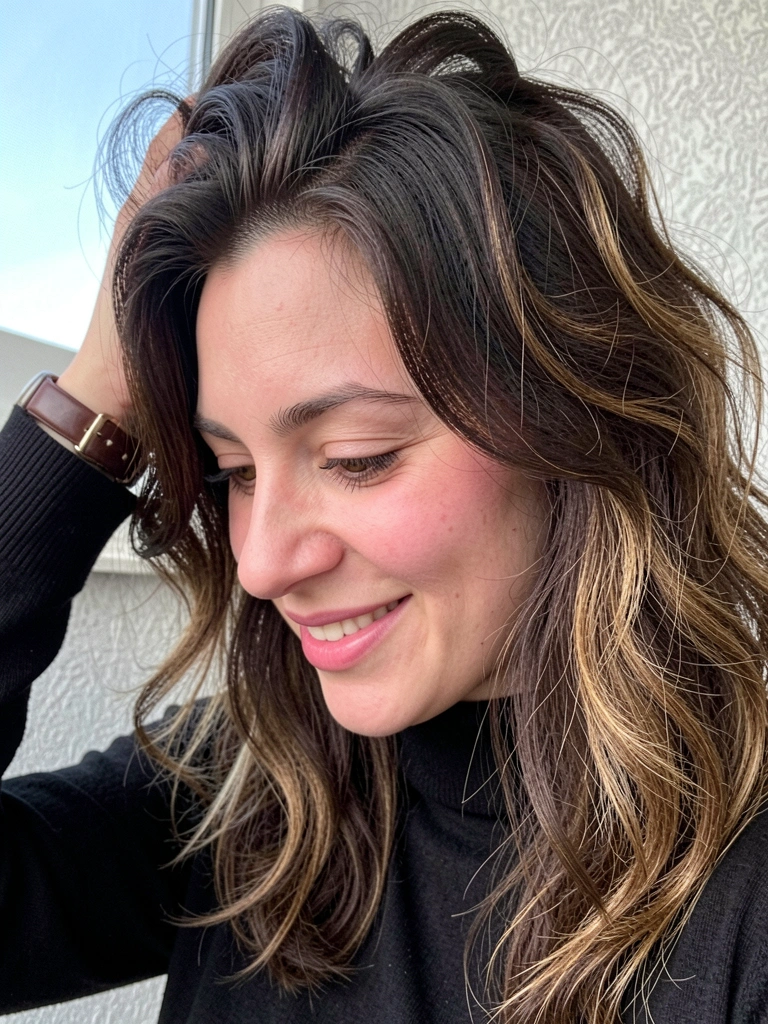 Mulher arrumando o cabelo com as mãos, relógio no pulso.
