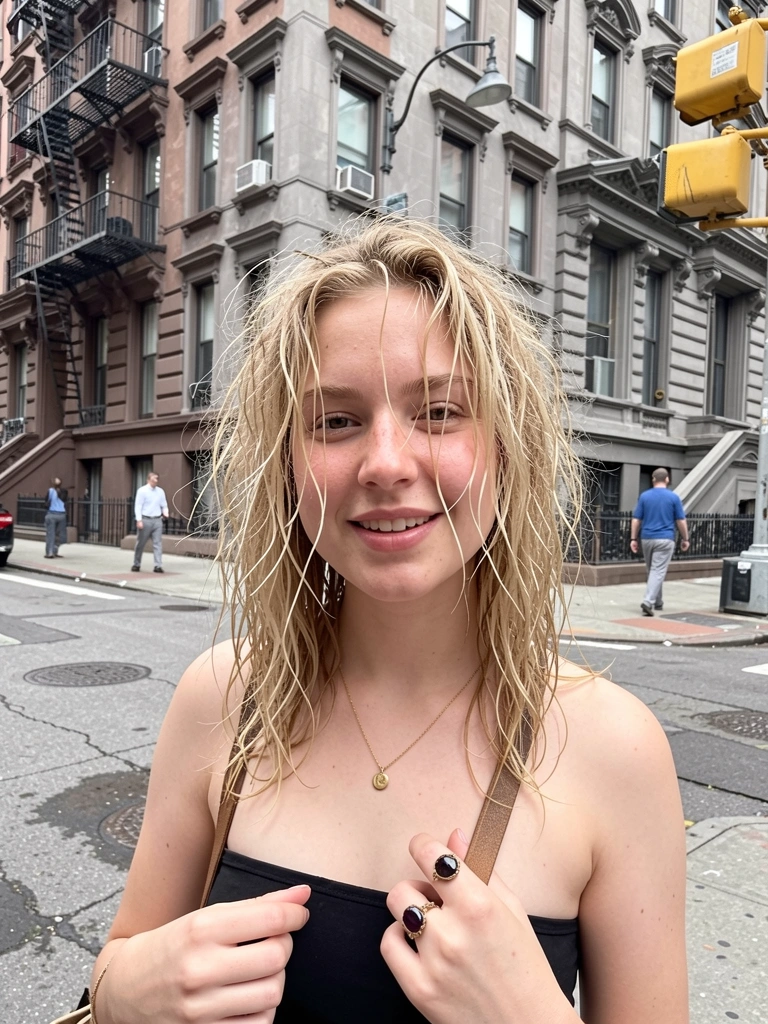 Mulher com cabelo ondulado bagunçado saindo de casa com bolsa a tiracolo.