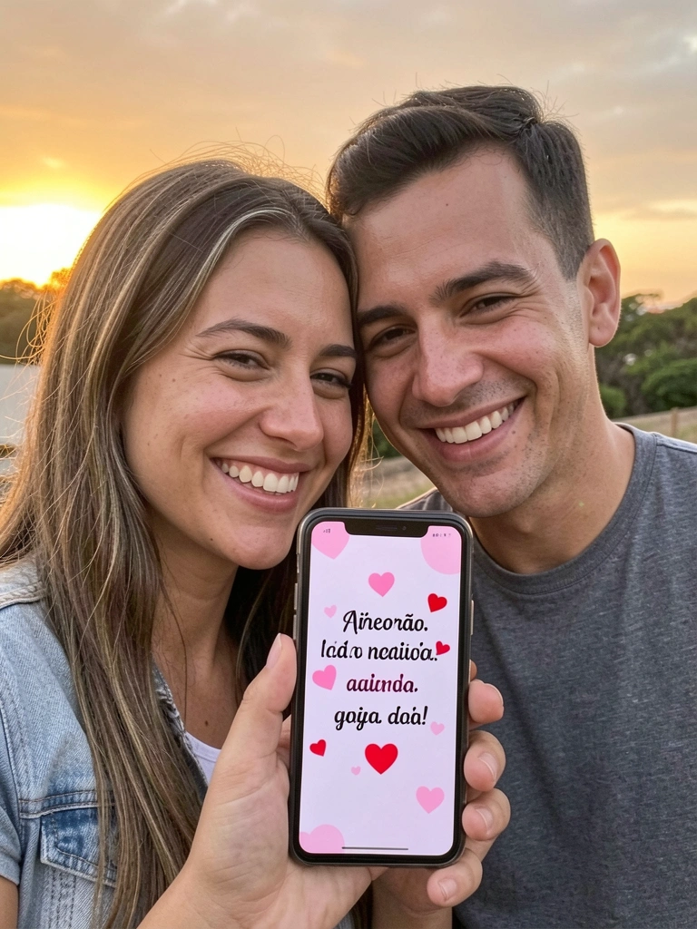 Casal sorrindo segurando celular com mensagem na tela ao pôr do sol.