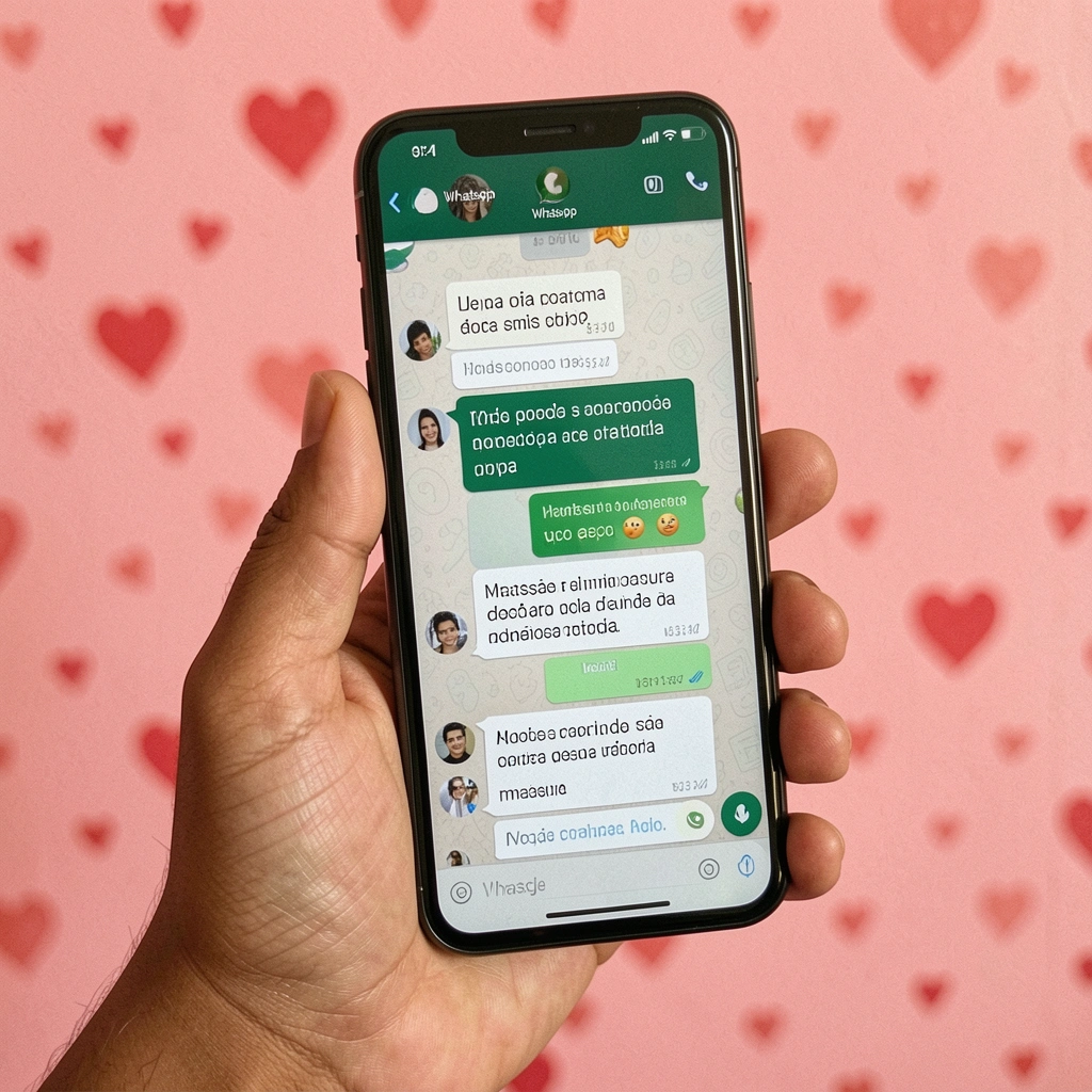 Mão segurando smartphone com conversa de amor no WhatsApp aberta na tela.