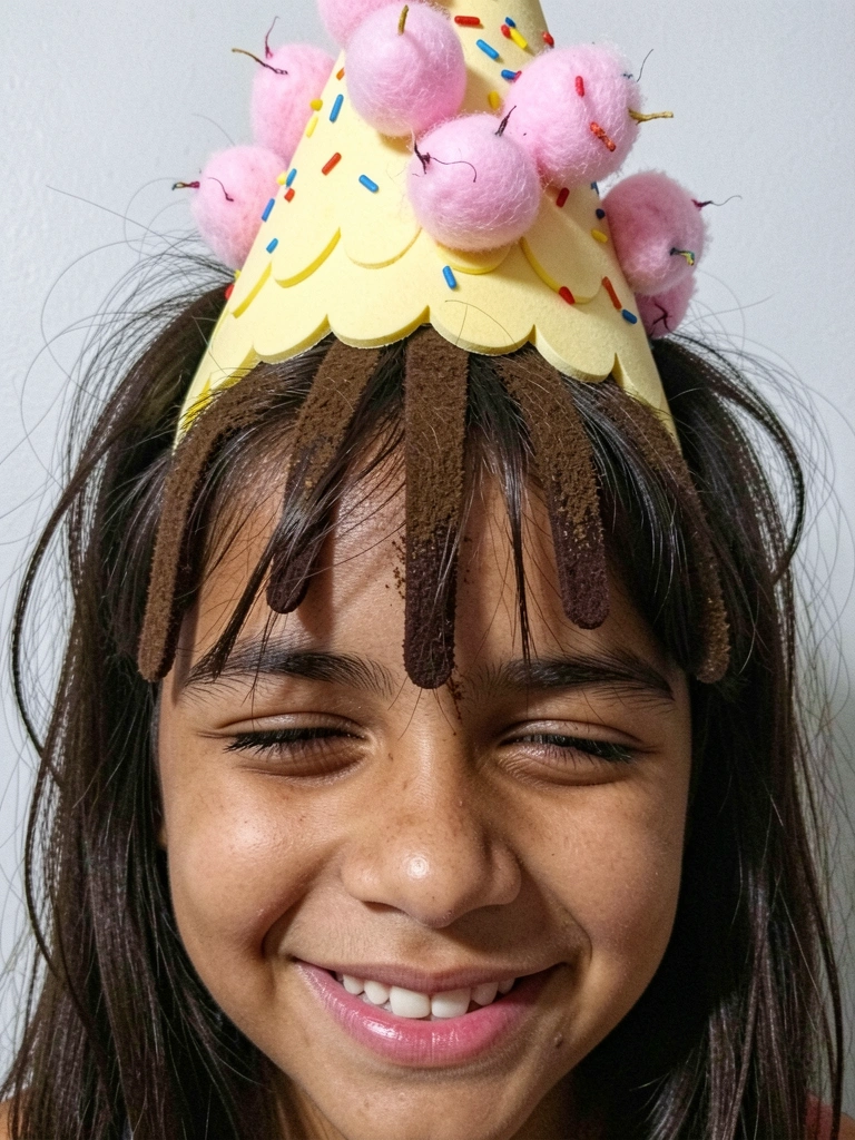 Spray marrom no cabelo, casquinha de EVA e tiras de feltro marrom simulando calda.