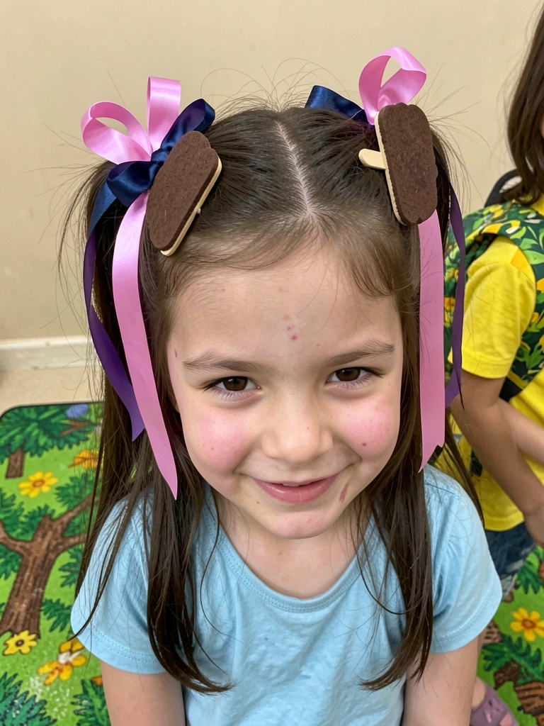Cabelo decorado com spray marrom, palito de sorvete de EVA e camada de chocolate simulada com feltro.
