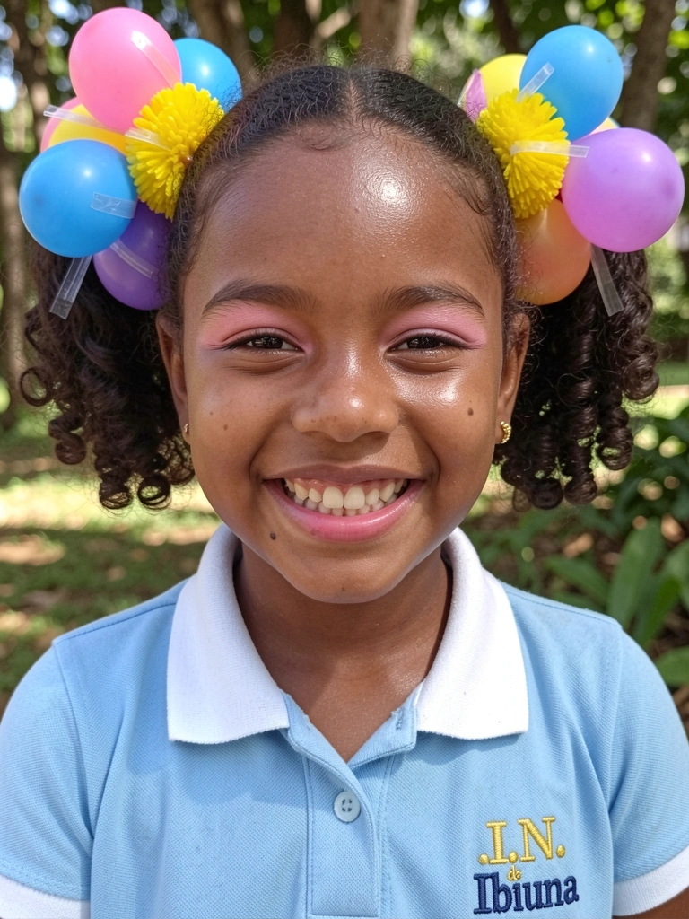 Tiara decorada com mini sorvetes de EVA coloridos, usada em cabelo solto.